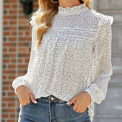 Women's Long Sleeve Polka Dot Blouse with High Smocked Neckline and Flowing Relaxed Fit