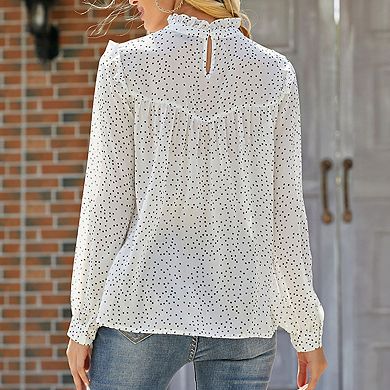 Women's Long Sleeve Polka Dot Blouse with High Smocked Neckline and Flowing Relaxed Fit