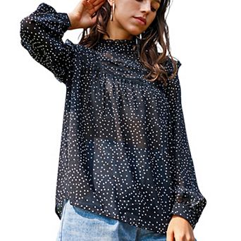 Women's Long Sleeve Polka Dot Blouse with High Smocked Neckline and Flowing Relaxed Fit