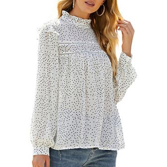 Women's Long Sleeve Polka Dot Blouse with High Smocked Neckline and Flowing Relaxed Fit