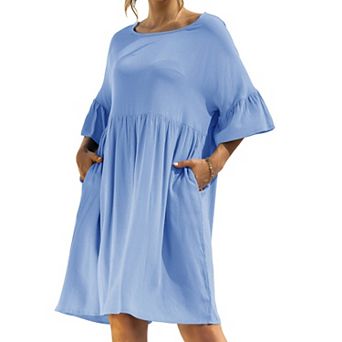 Women's Short Sleeve Loose Fit Midi Dress with Ruffle Detail and Side Pockets