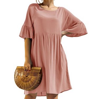Women's Short Sleeve Loose Fit Midi Dress with Ruffle Detail and Side Pockets