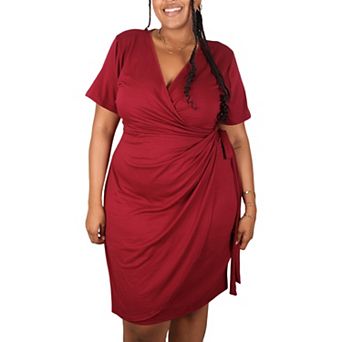 Women's Plus Size Short Sleeve V-Neck Faux Wrap Dress with Side Tie and Draped Skirt
