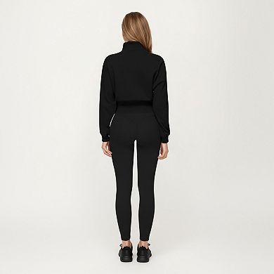 Women's High Neck Long Sleeve Zip-Up Jacket with Fitted Waistband and Soft Knit Fabric