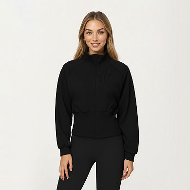 Women's High Neck Long Sleeve Zip-Up Jacket with Fitted Waistband and Soft Knit Fabric