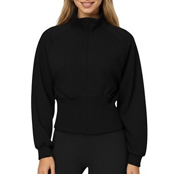 Women's High Neck Long Sleeve Zip-Up Jacket with Fitted Waistband and Soft Knit Fabric