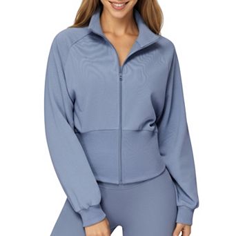 Women's High Neck Long Sleeve Zip-Up Jacket with Fitted Waistband and Soft Knit Fabric