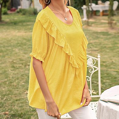 Women's Short Sleeve Loose Fit Blouse with Ruffle Trim and Round Neckline