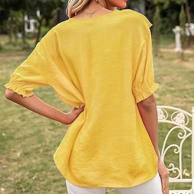 Women's Short Sleeve Loose Fit Blouse with Ruffle Trim and Round Neckline