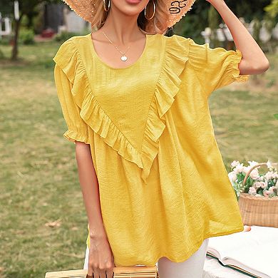 Women's Short Sleeve Loose Fit Blouse with Ruffle Trim and Round Neckline