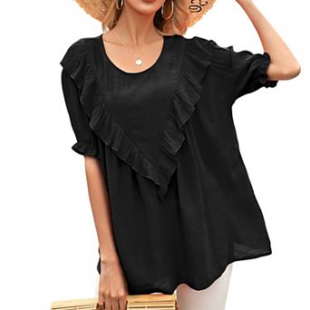 Women's Short Sleeve Loose Fit Blouse with Ruffle Trim and Round Neckline