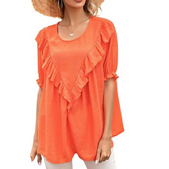 Women's Short Sleeve Loose Fit Blouse with Ruffle Trim and Round Neckline