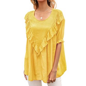 Women's Short Sleeve Loose Fit Blouse with Ruffle Trim and Round Neckline