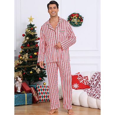 Men's Family Matching Pajamas Sets Striped Notch Collar Button Down Long Sleeve Top and Pants
