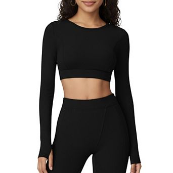 Women's Ribbed Cropped Long-Sleeve Top with Square Neckline and Contour Seaming