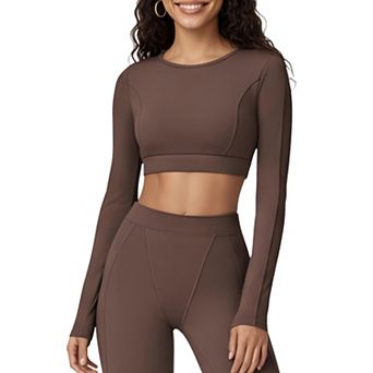 Women's Ribbed Cropped Long-Sleeve Top with Square Neckline and Contour Seaming