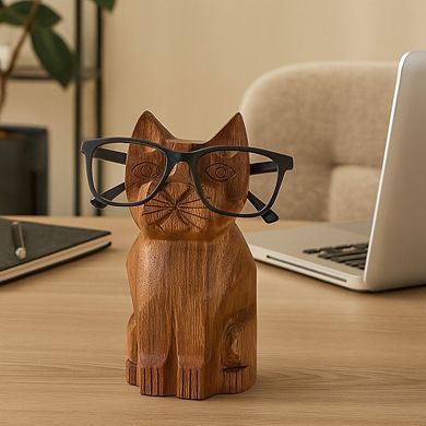 Cat Eyeglass Holder Stand - Hand Carved Wood