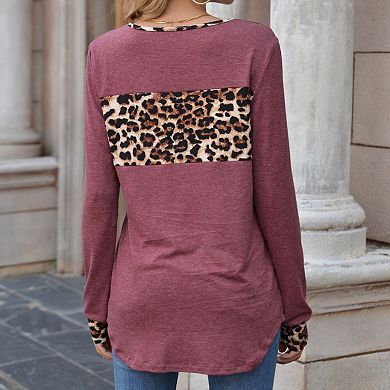 Women's Long Sleeve Pullover Top with Leopard Print Chest Panel and Cuff Accents