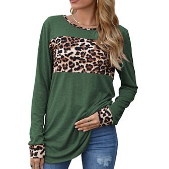 Women's Long Sleeve Pullover Top with Leopard Print Chest Panel and Cuff Accents