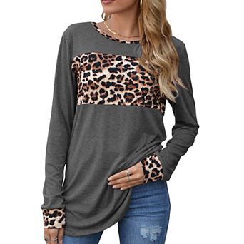 Women's Long Sleeve Pullover Top with Leopard Print Chest Panel and Cuff Accents