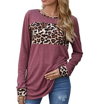 Women's Long Sleeve Pullover Top with Leopard Print Chest Panel and Cuff Accents