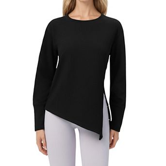 Women's Long Sleeve Asymmetrical Hem Pullover Top with Crew Neck and Relaxed Fit