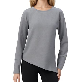 Women's Long Sleeve Asymmetrical Hem Pullover Top with Crew Neck and Relaxed Fit