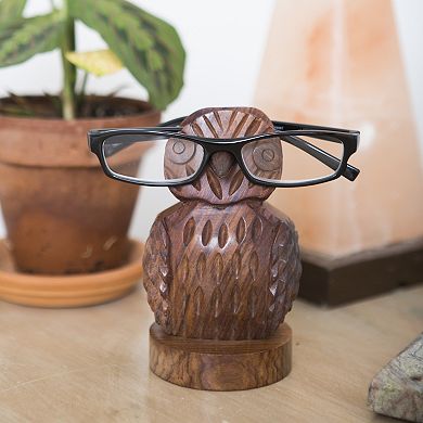 Owl Eyeglass Holder Stand - Hand Carved Wood