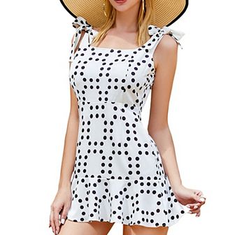 Women's One-Piece Swimsuit with Polka Dot Print, Bow Tie Straps and Ruffle Hem