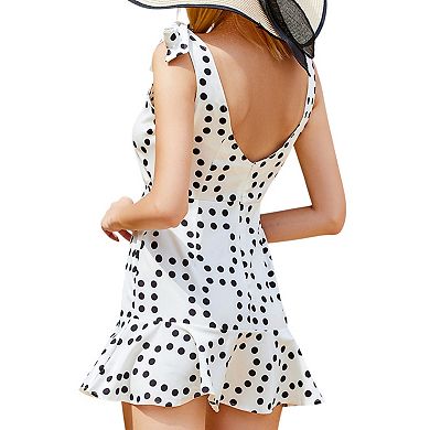 Women's One-Piece Swimsuit with Polka Dot Print, Bow Tie Straps and Ruffle Hem