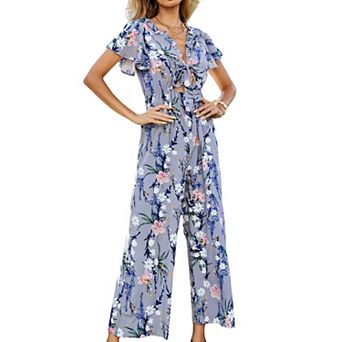 Women's Short Sleeve Floral Print Jumpsuit with Tie Front Detail and Wide Leg Fit
