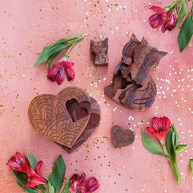 Heart Puzzle Box Jewelry Holder - Hand Carved Wood