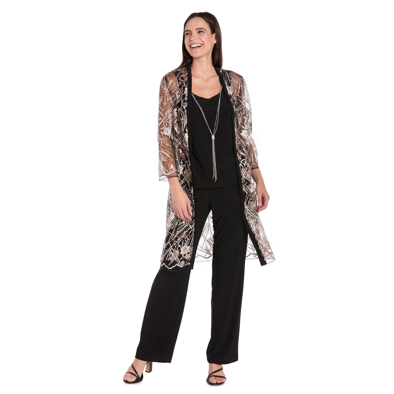 Женские платья R&M Richards 3 pc Beaded Sequin Duster Pantsuit Set with Necklace