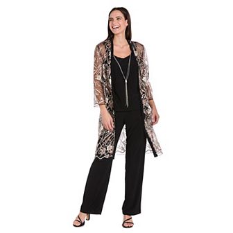 Women's R&M Richards 3 pc Beaded Sequin Duster Pantsuit Set with Necklace