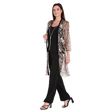 Women's R&M Richards 3-pc. Beaded Sequin Duster Pantsuit Set with Necklace