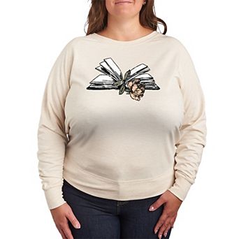 Plus Size Rose In Book Distressed French Terry Long Sleeve Tee