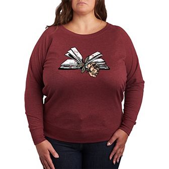 Plus Size Rose In Book Distressed French Terry Long Sleeve Tee