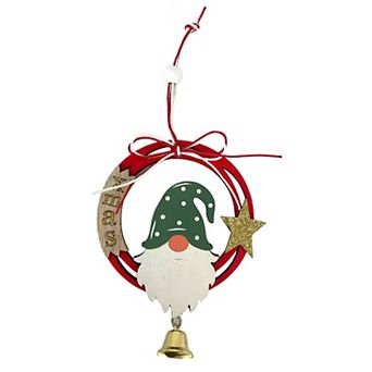 Red Gnome and Gold Star Wood Christmas Ornament with Hanging Bell 6 Inch