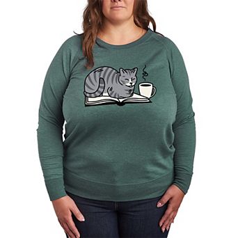 Plus Size Coffee & Cat On A Book French Terry Long Sleeve Tee