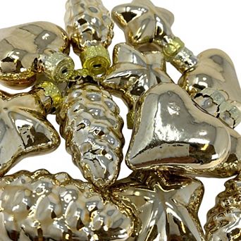 2 Inch Small Gold Heart Star and Pinecone Glass Christmas Tree Ornaments 12 pc Set