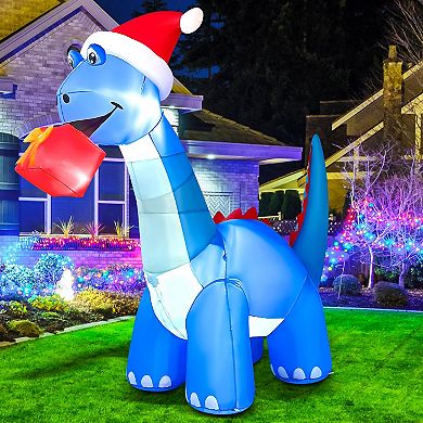 GOOSH 8FT Animated Blue Dinosaur Inflatable with Nodding Head and LED Lights