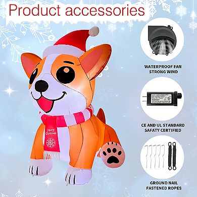 GOOSH 5.2FT Christmas Corgi Dog Inflatable with Santa Hat and LED Lights