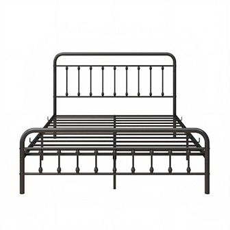 Queen Size Metal Bed Frame Victorian Style Headboard No Box Spring Needed