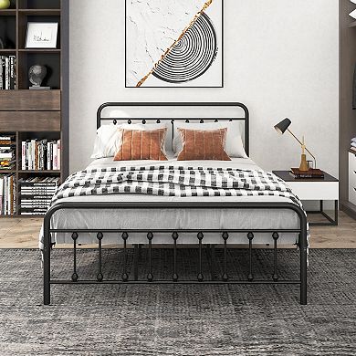 Queen Size Metal Bed Frame Victorian Style Headboard No Box Spring Needed