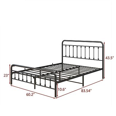Queen Size Metal Bed Frame Victorian Style Headboard No Box Spring Needed