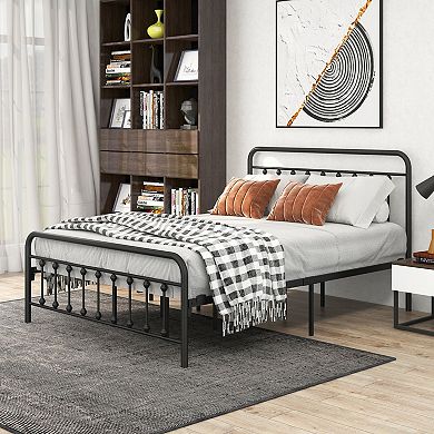 Queen Size Metal Bed Frame Victorian Style Headboard No Box Spring Needed