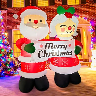 GOOSH 7FT Santa and Mrs. Claus Inflatable Holding “Happy Holidays