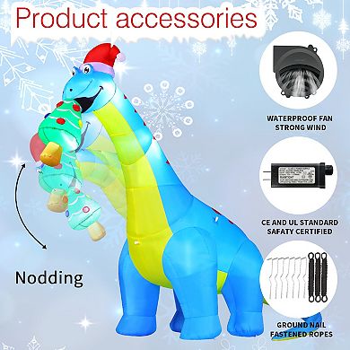 GOOSH 10FT Animated Blue Dinosaur Inflatable with Nodding Head and LED Lights