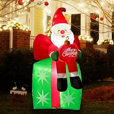 GOOSH 6FT Santa on Gift Box Inflatable with LED Lights for Outdoor Christmas Décor