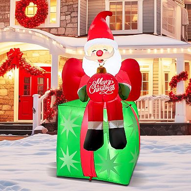 GOOSH 6FT Santa on Gift Box Inflatable with LED Lights for Outdoor Christmas Décor